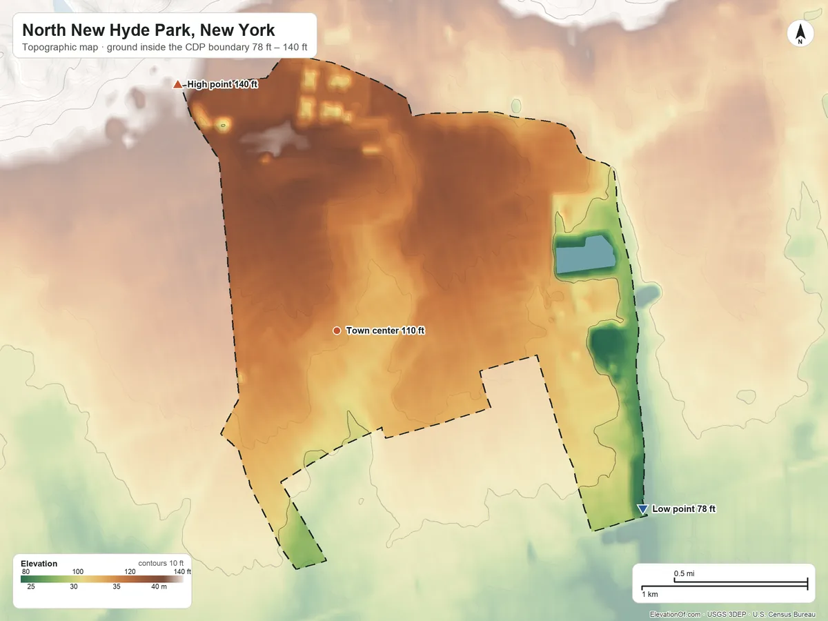 Topographic elevation map of North New Hyde Park, New York, shaded from 78 ft on the southeast side to 140 ft on the northwest side