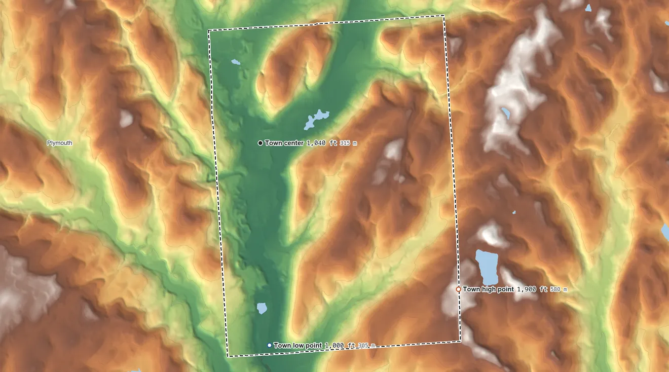 Topographic elevation map of North Norwich, New York, shaded from 1,000 ft on the south side to 1,900 ft on the southeast side
