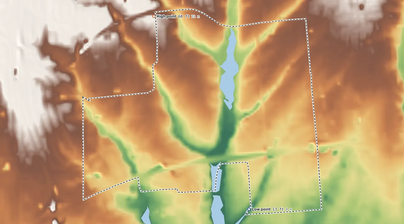 Topographic elevation map of North Patchogue, New York, shaded from 13 ft on the south side to 68 ft on the northwest side
