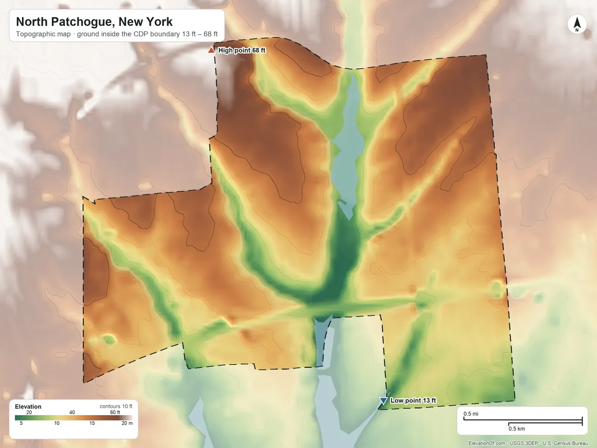 Topographic elevation map of North Patchogue, New York, shaded from 13 ft on the south side to 68 ft on the northwest side