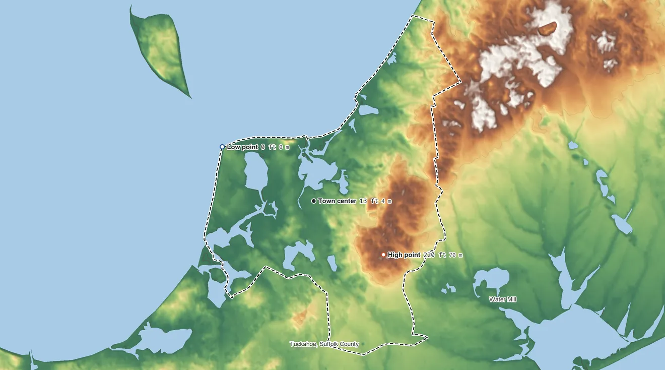 Topographic elevation map of North Sea, New York, shaded from sea level level on Great Peconic Bay to 220 ft on the southeast side