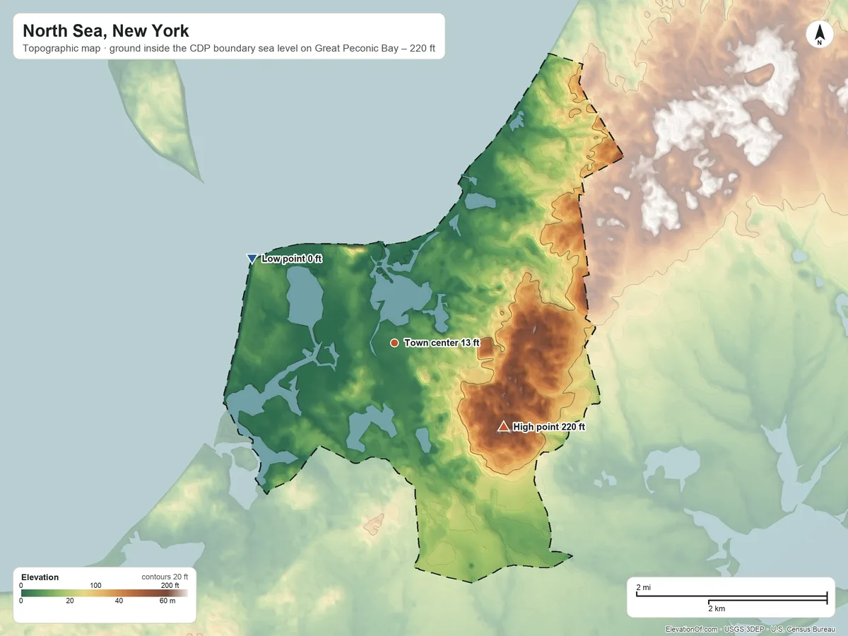 Topographic elevation map of North Sea, New York, shaded from sea level level on Great Peconic Bay to 220 ft on the southeast side