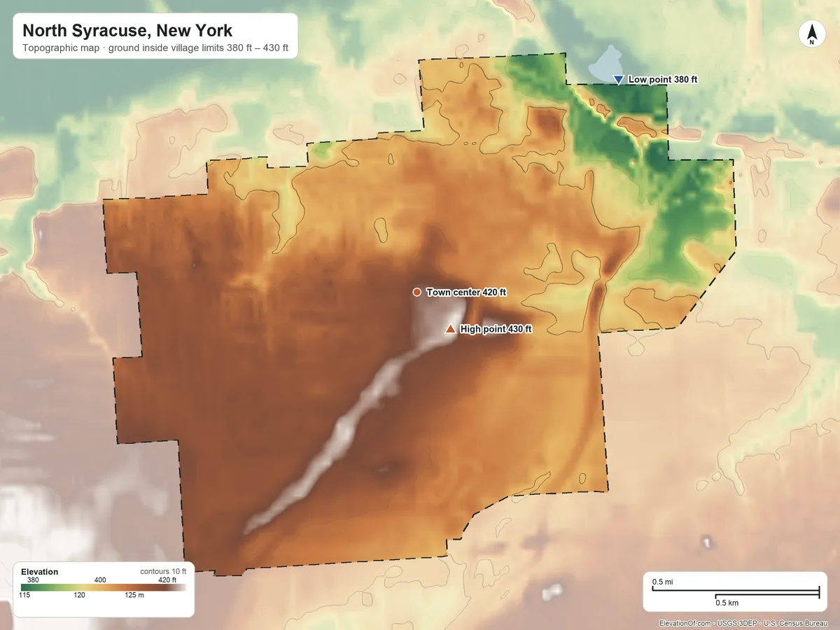 Topographic elevation map of North Syracuse, New York, shaded from 380 ft on the northeast side to 430 ft near the middle