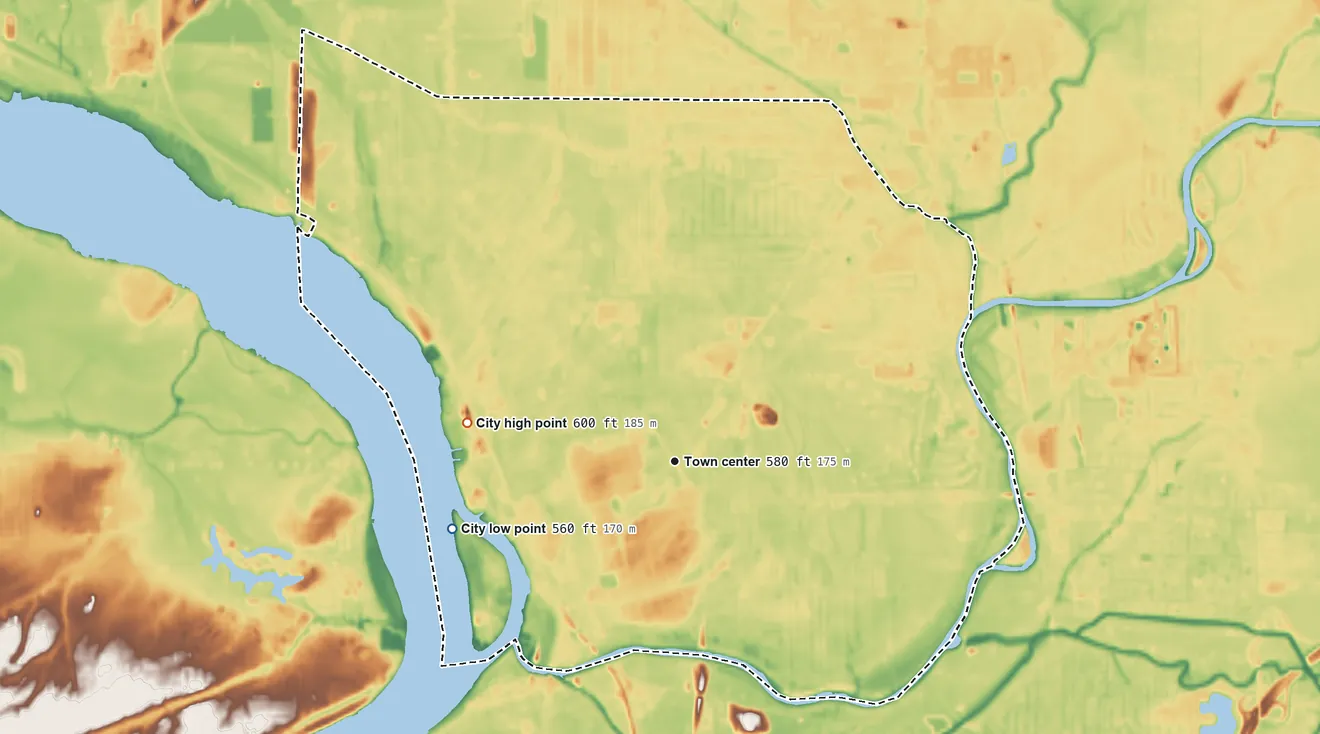 Topographic elevation map of North Tonawanda, New York, shaded from 560 ft on the west side to 600 ft on the west side