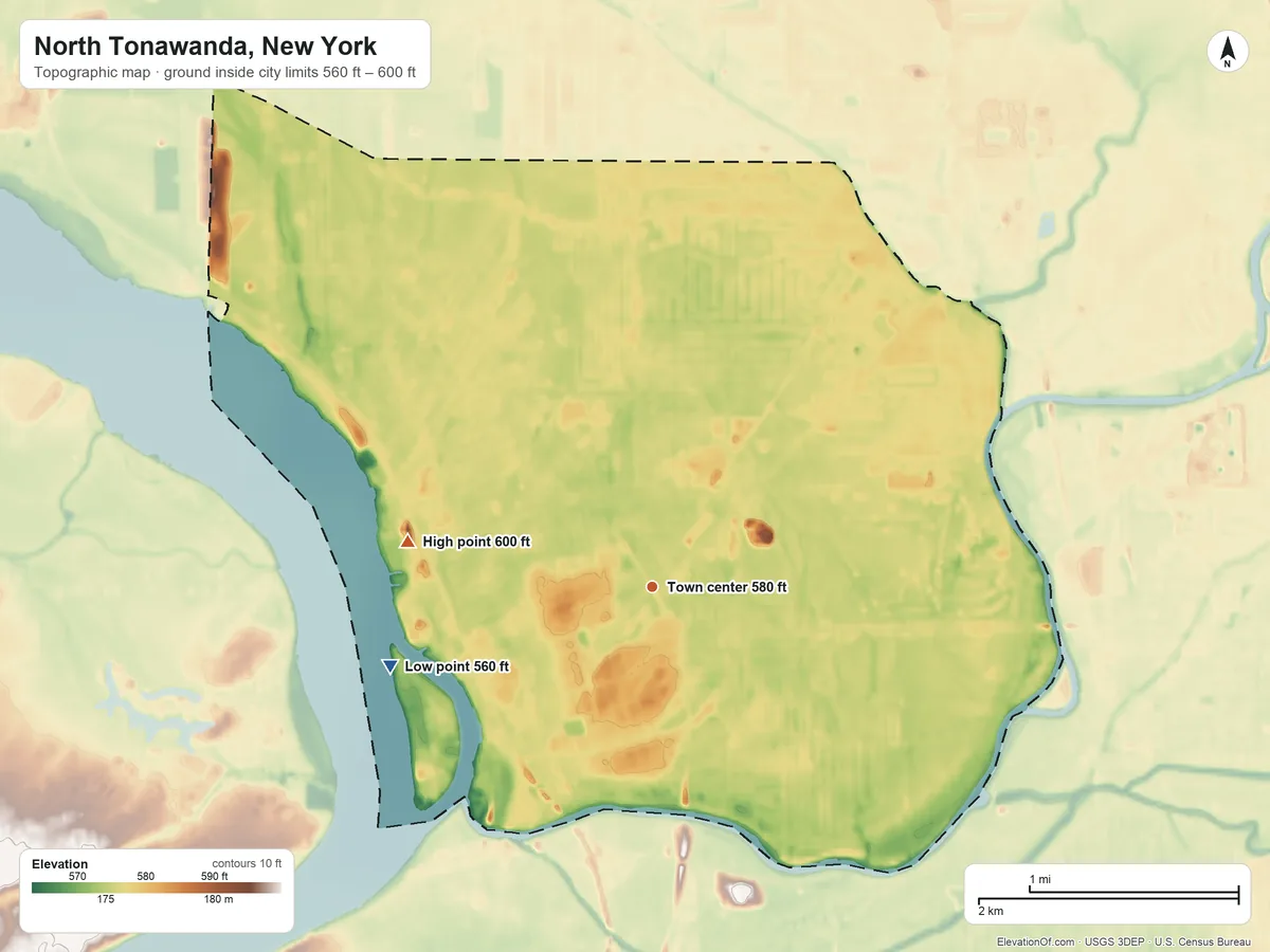 Topographic elevation map of North Tonawanda, New York, shaded from 560 ft on the west side to 600 ft on the west side
