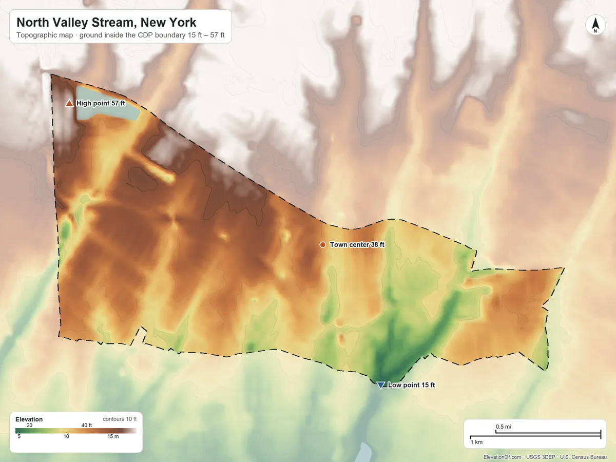 Topographic elevation map of North Valley Stream, New York, shaded from 15 ft on the south side to 57 ft on the northwest side
