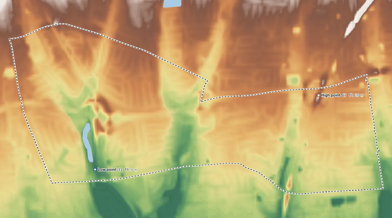Topographic elevation map of North Wantagh, New York, shaded from 31 ft on the southwest side to 67 ft on the east side