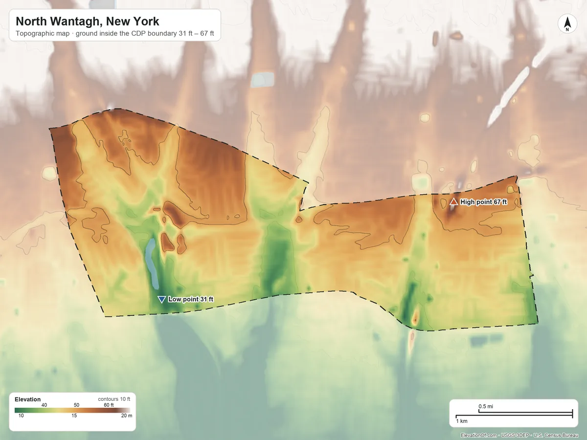 Topographic elevation map of North Wantagh, New York, shaded from 31 ft on the southwest side to 67 ft on the east side