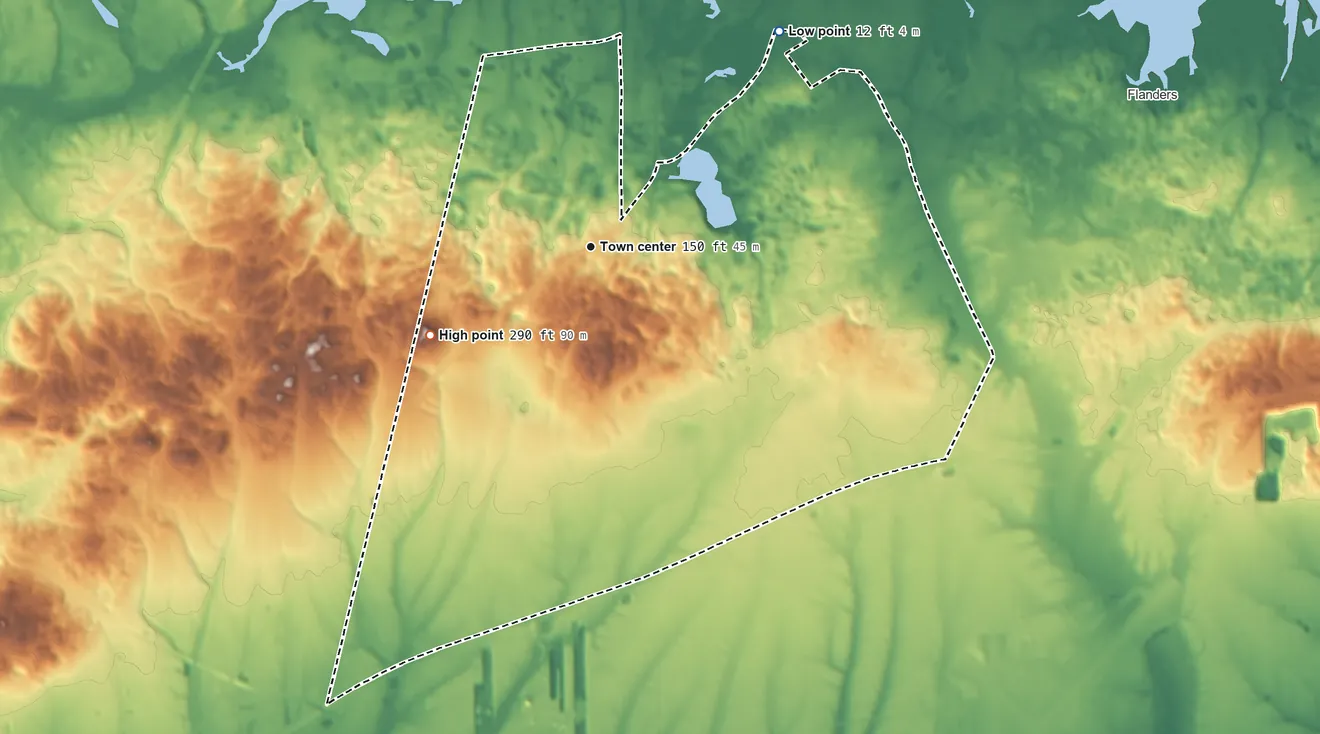 Topographic elevation map of Northampton, Suffolk County, New York, shaded from 12 ft on the northeast side to 294 ft on Bald Hill