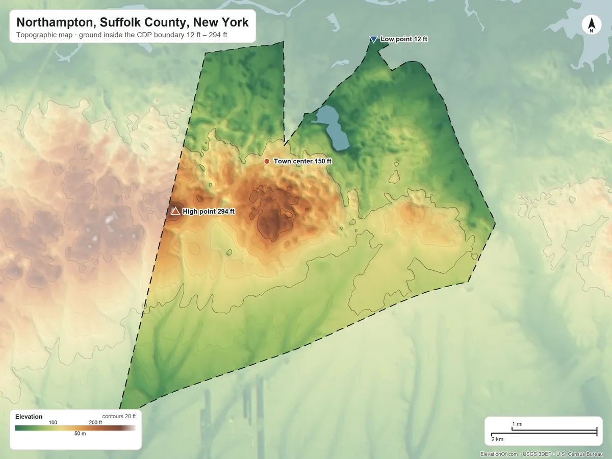 Topographic elevation map of Northampton, Suffolk County, New York, shaded from 12 ft on the northeast side to 294 ft on Bald Hill