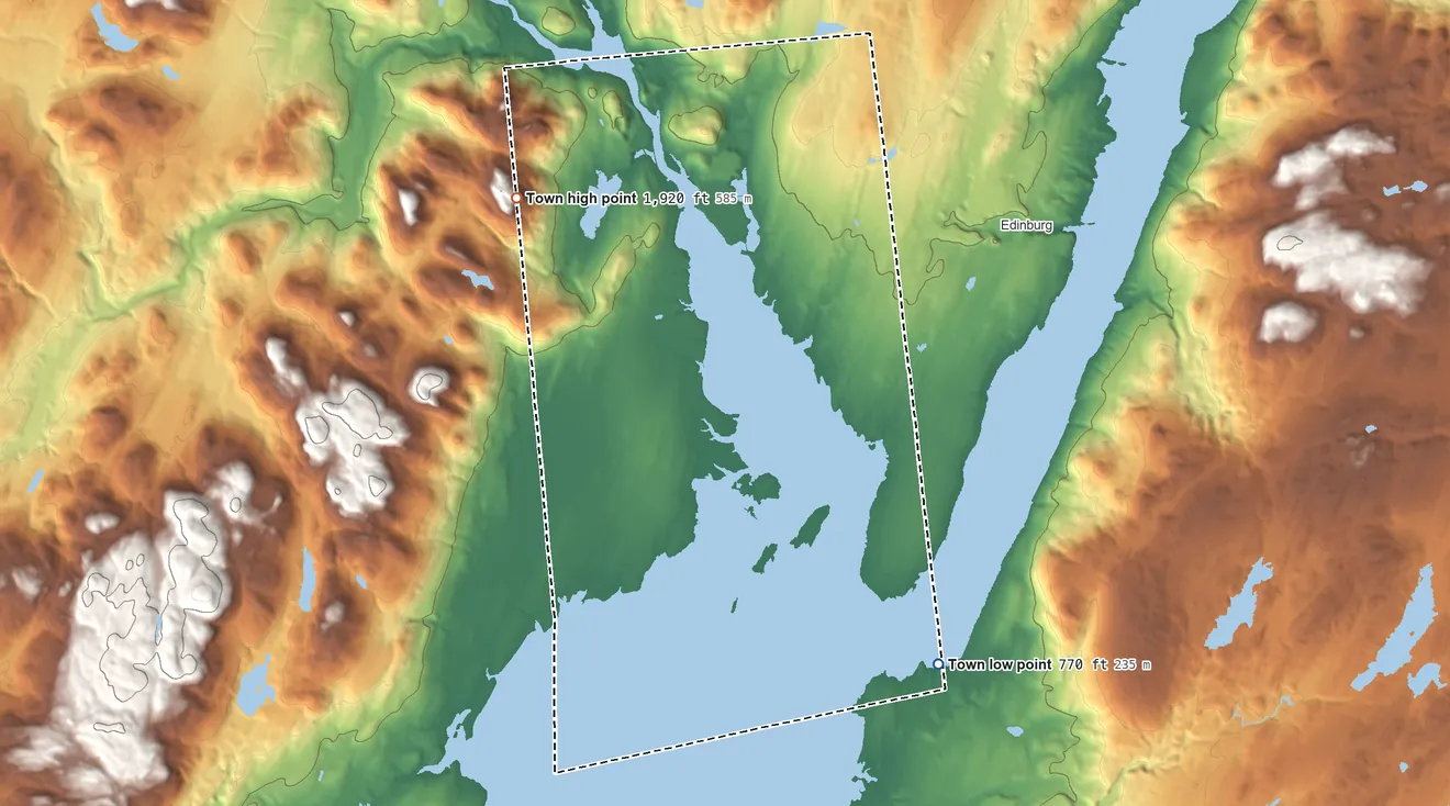 Topographic elevation map of Northampton, New York, shaded from 770 ft on the southeast side to 1,920 ft on the west side