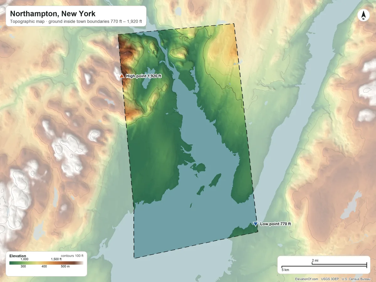 Topographic elevation map of Northampton, New York, shaded from 770 ft on the southeast side to 1,920 ft on the west side