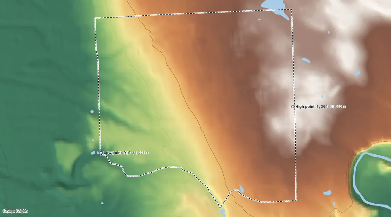 Topographic elevation map of Northeast Ithaca, New York, shaded from 910 ft on the southwest side to 1,090 ft on the east edge, below higher ground just outside