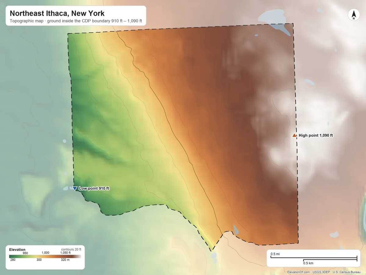 Topographic elevation map of Northeast Ithaca, New York, shaded from 910 ft on the southwest side to 1,090 ft on the east edge, below higher ground just outside