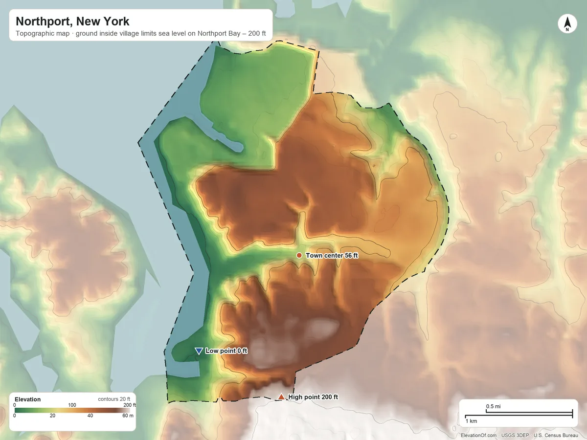 Topographic elevation map of Northport, New York, shaded from sea level level on Northport Bay to 200 ft on the south side