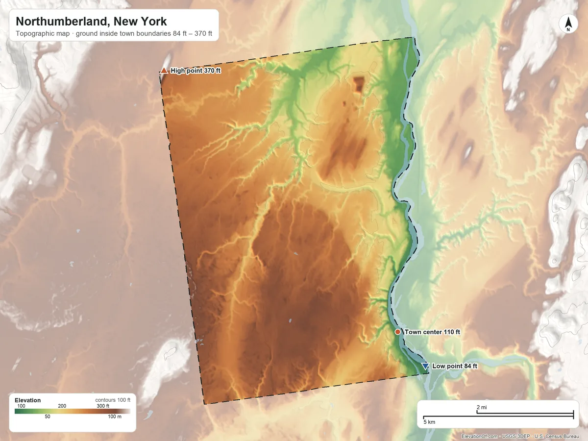 Topographic elevation map of Northumberland, New York, shaded from 84 ft near the middle to 370 ft on the northwest side