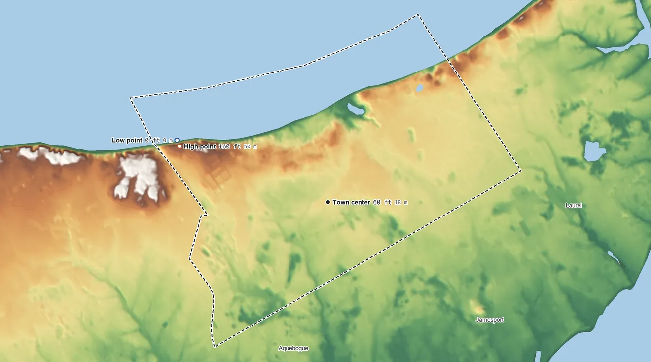 Topographic elevation map of Northville, New York, shaded from sea level level on Long Island Sound to 160 ft on the west side