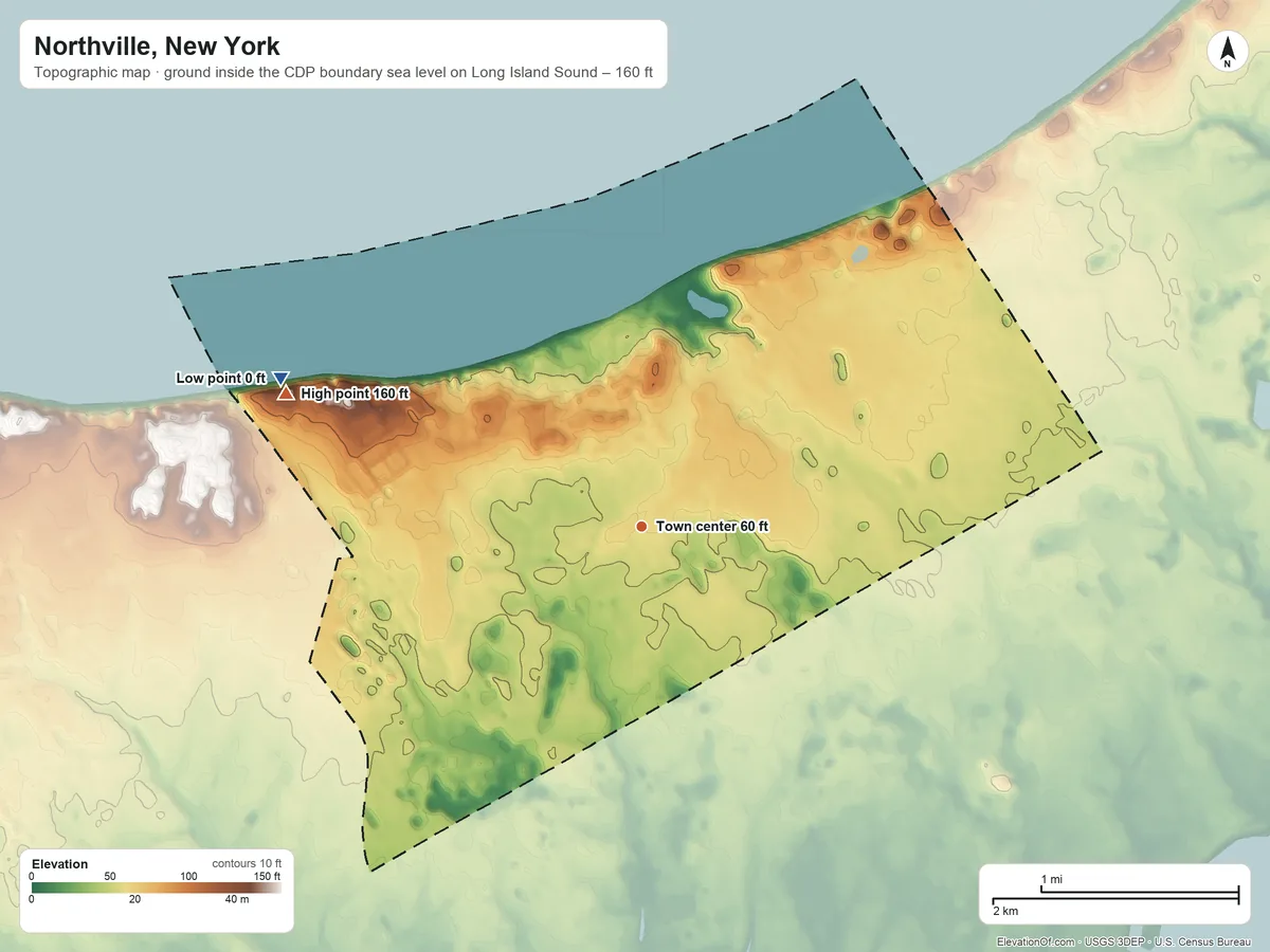 Topographic elevation map of Northville, New York, shaded from sea level level on Long Island Sound to 160 ft on the west side