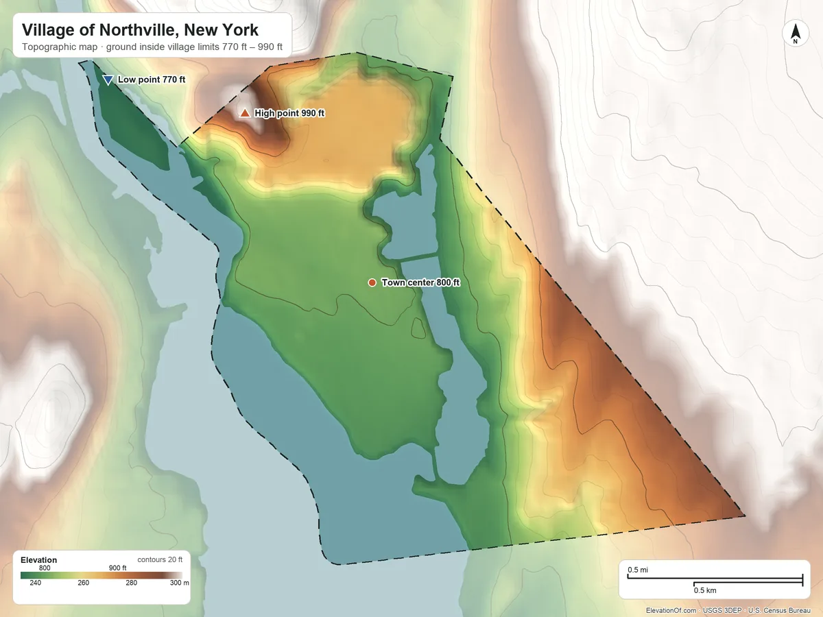 Topographic elevation map of Village of Northville, New York, shaded from 770 ft on the northwest side to 990 ft at the foot of the Kayaderosseras Range