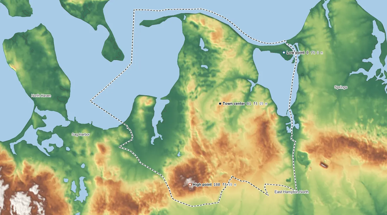 Topographic elevation map of Northwest Harbor, New York, shaded from sea level level on Threemile Harbor to 180 ft on the south side