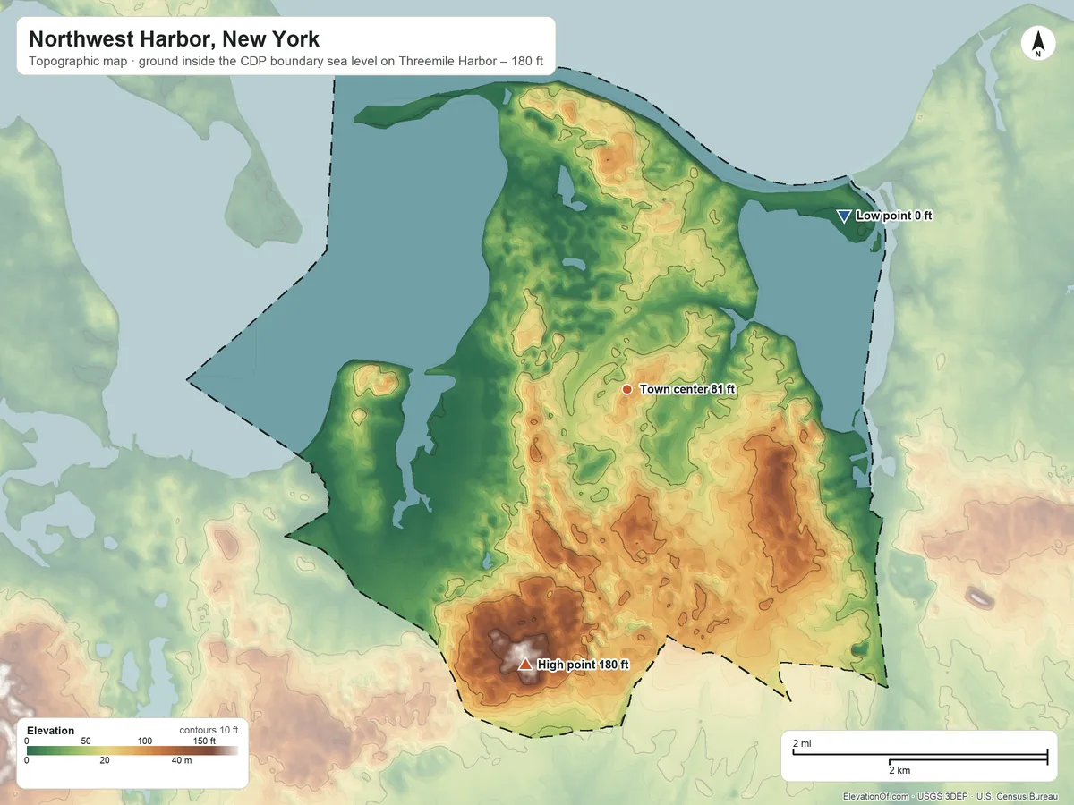 Topographic elevation map of Northwest Harbor, New York, shaded from sea level level on Threemile Harbor to 180 ft on the south side