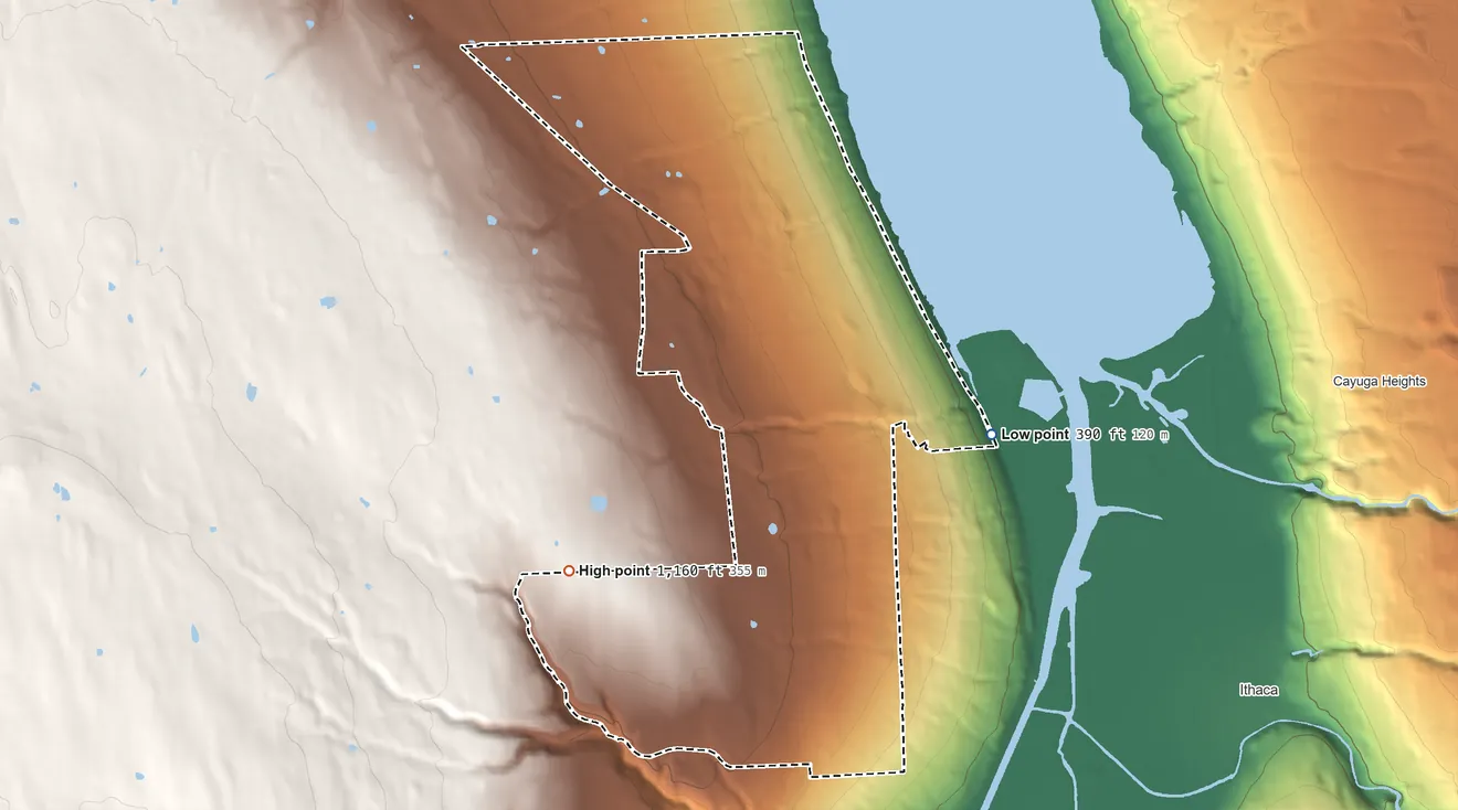Topographic elevation map of Northwest Ithaca, New York, shaded from 390 ft on the east side to 1,160 ft on the southwest side