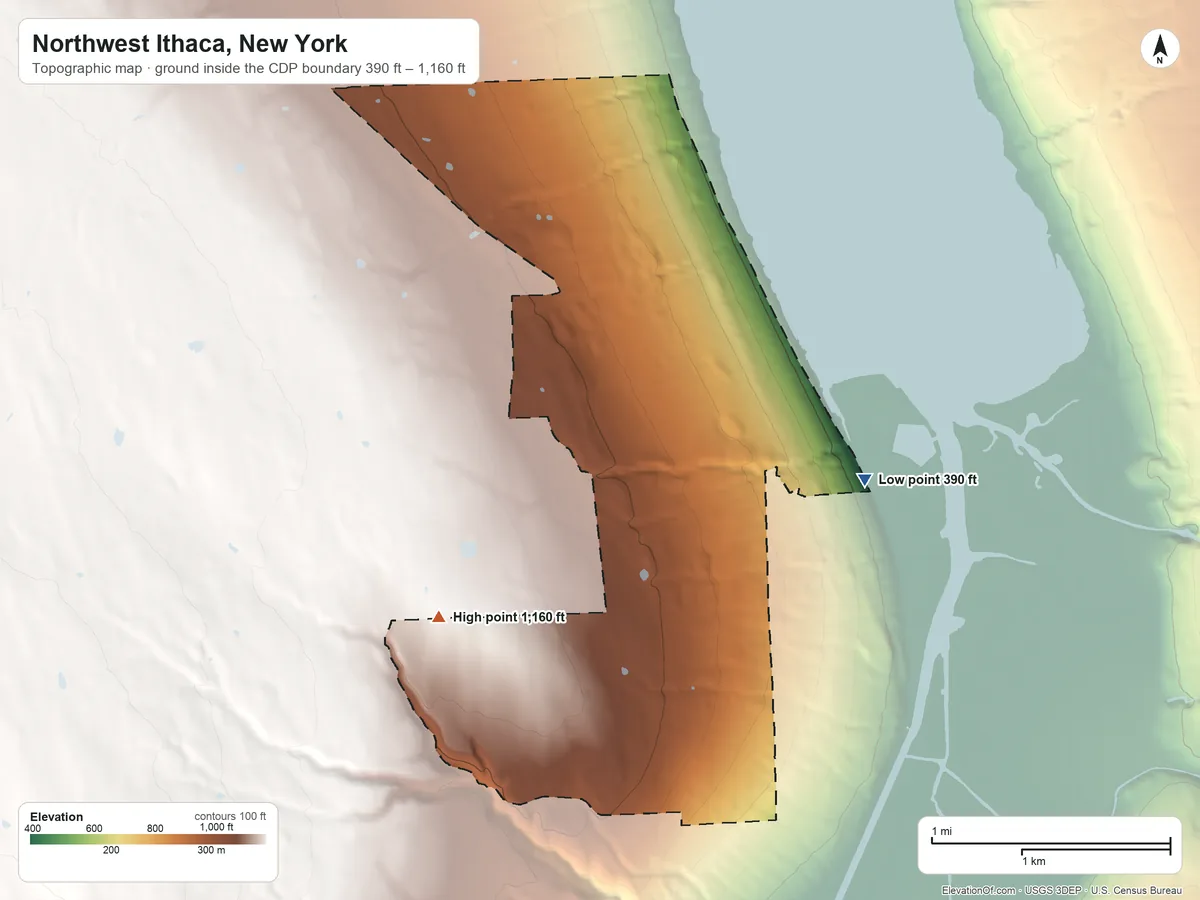 Topographic elevation map of Northwest Ithaca, New York, shaded from 390 ft on the east side to 1,160 ft on the southwest side