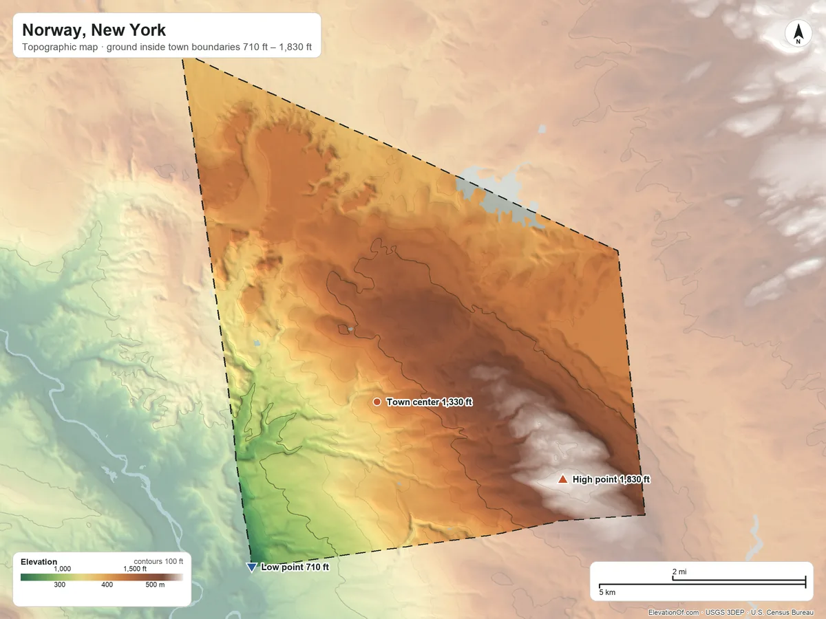 Topographic elevation map of Norway, New York, shaded from 710 ft on the southwest side to 1,830 ft on Dairy Hill