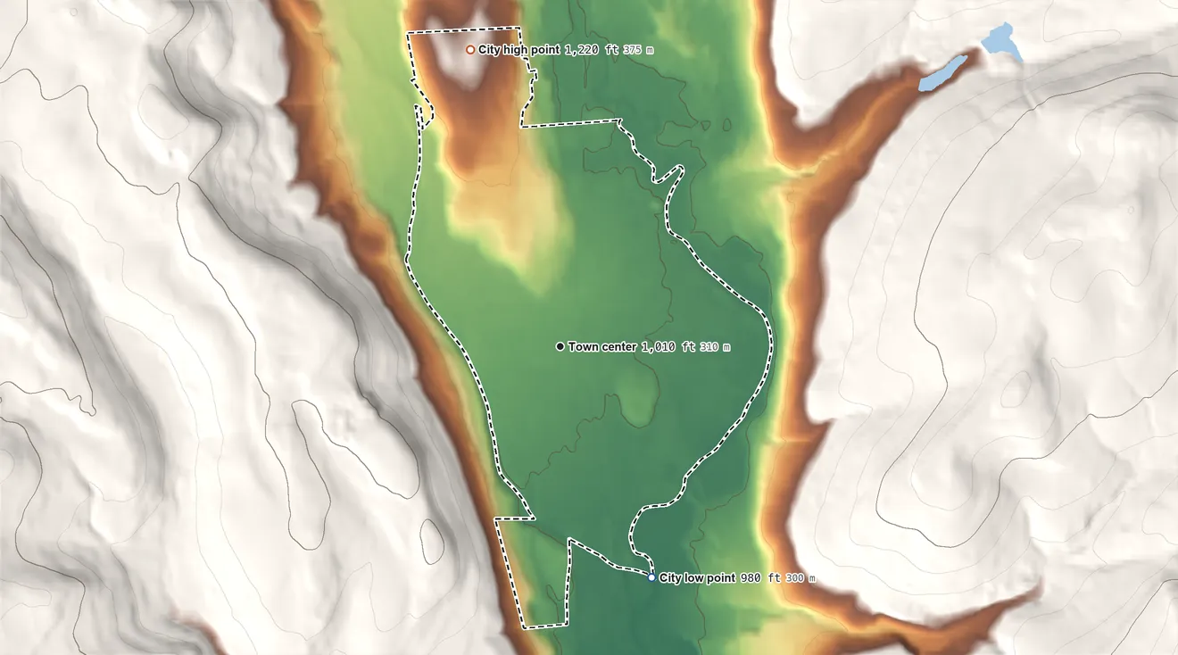 Topographic elevation map of Norwich, New York, shaded from 980 ft on the south side to 1,220 ft on the north edge, below higher ground just outside
