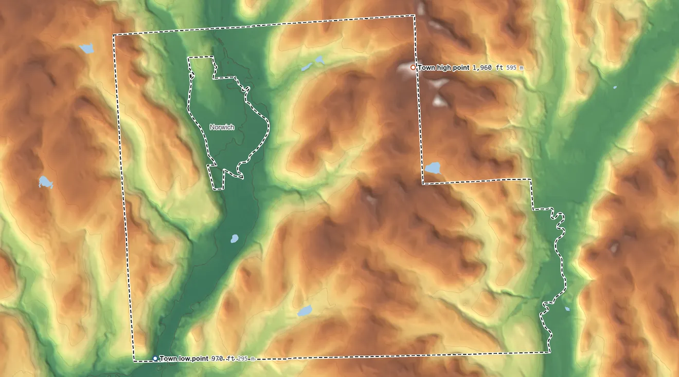 Topographic elevation map of Town of Norwich, New York, shaded from 970 ft on the southwest side to 1,960 ft on the northeast side