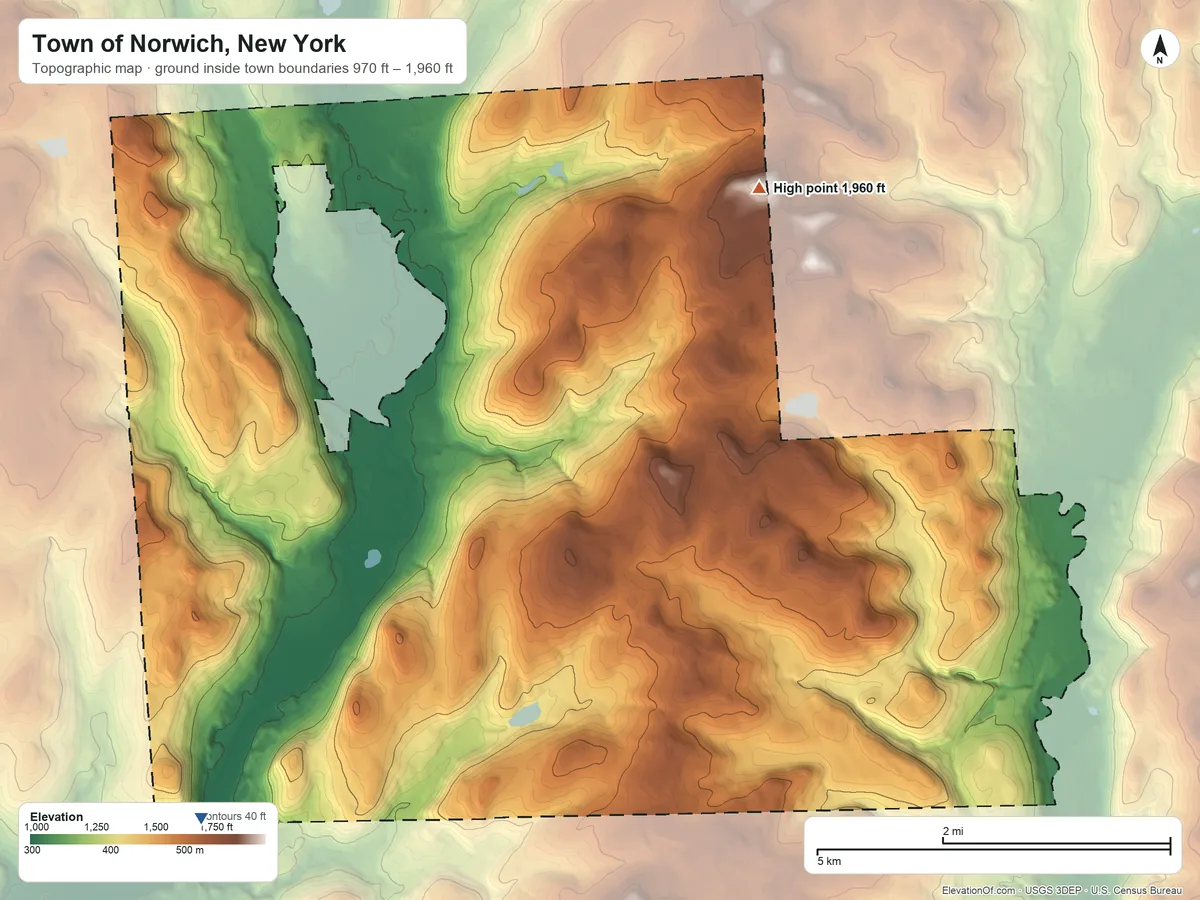 Topographic elevation map of Town of Norwich, New York, shaded from 970 ft on the southwest side to 1,960 ft on the northeast side