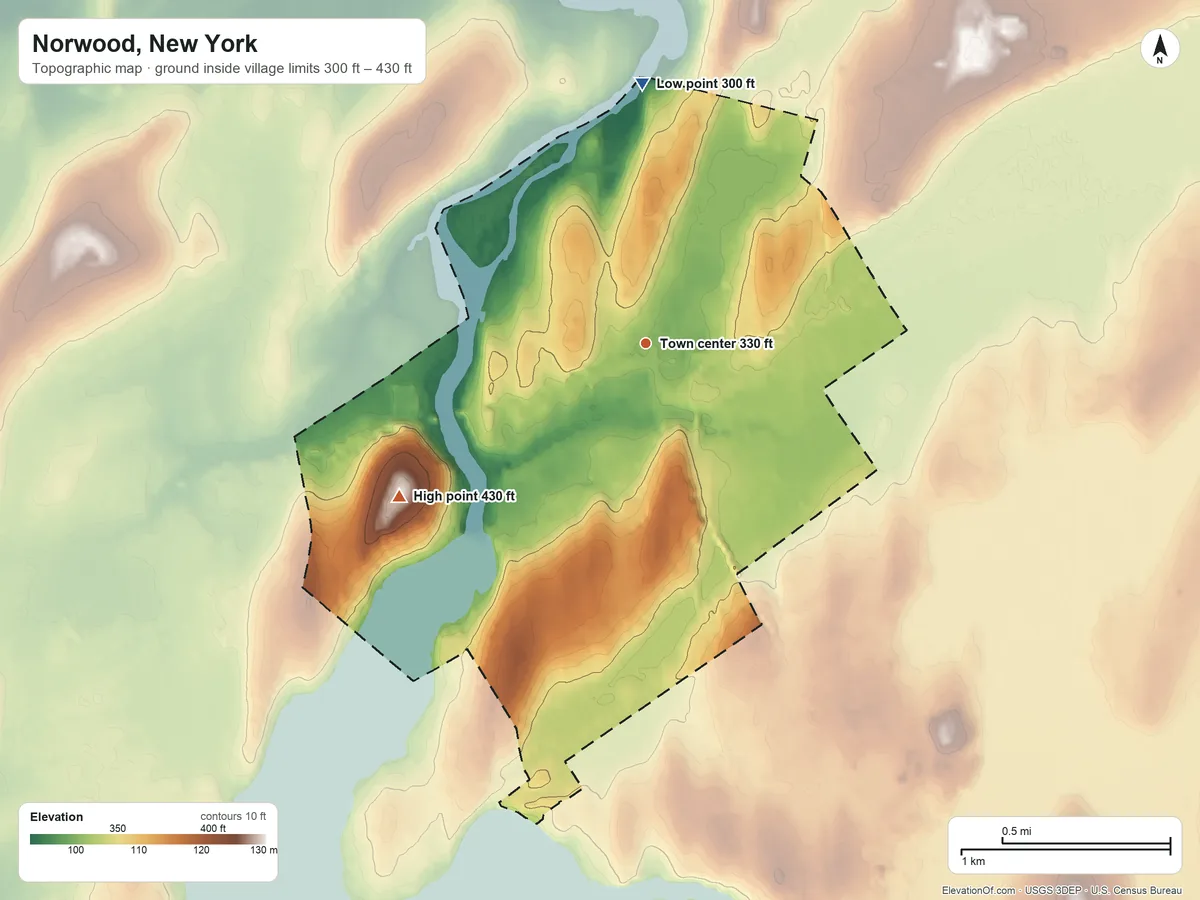 Topographic elevation map of Norwood, New York, shaded from 300 ft on the north side to 430 ft on the southwest side