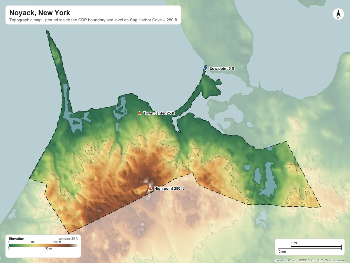 Topographic elevation map of Noyack, New York, shaded from sea level level on Sag Harbor Cove to 280 ft on the south side
