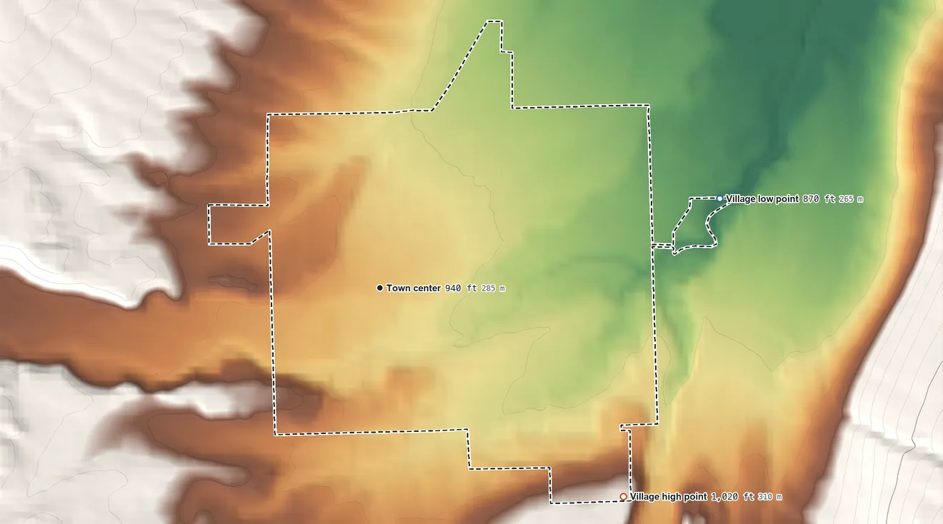 Topographic elevation map of Village of Nunda, New York, shaded from 870 ft on the east side to 1,020 ft on the southeast edge, below higher ground just outside