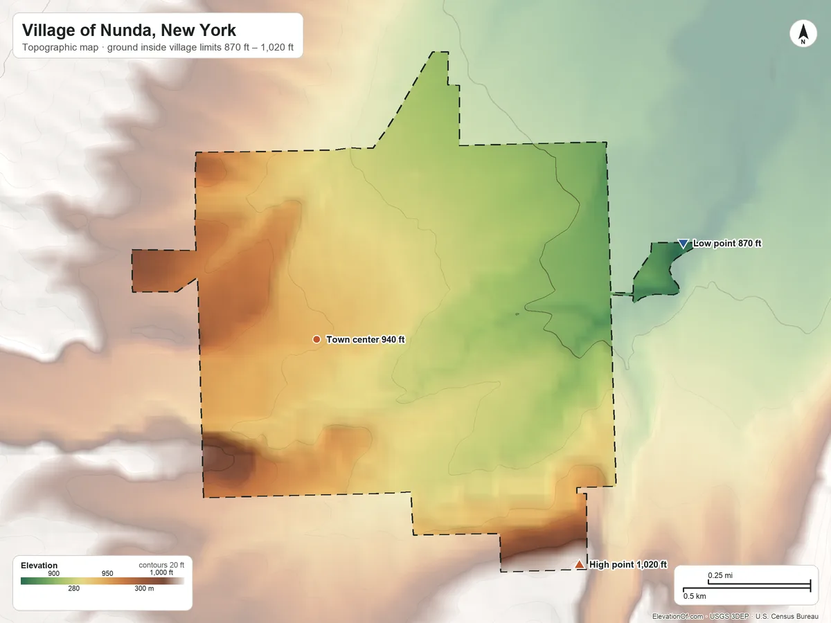 Topographic elevation map of Village of Nunda, New York, shaded from 870 ft on the east side to 1,020 ft on the southeast edge, below higher ground just outside