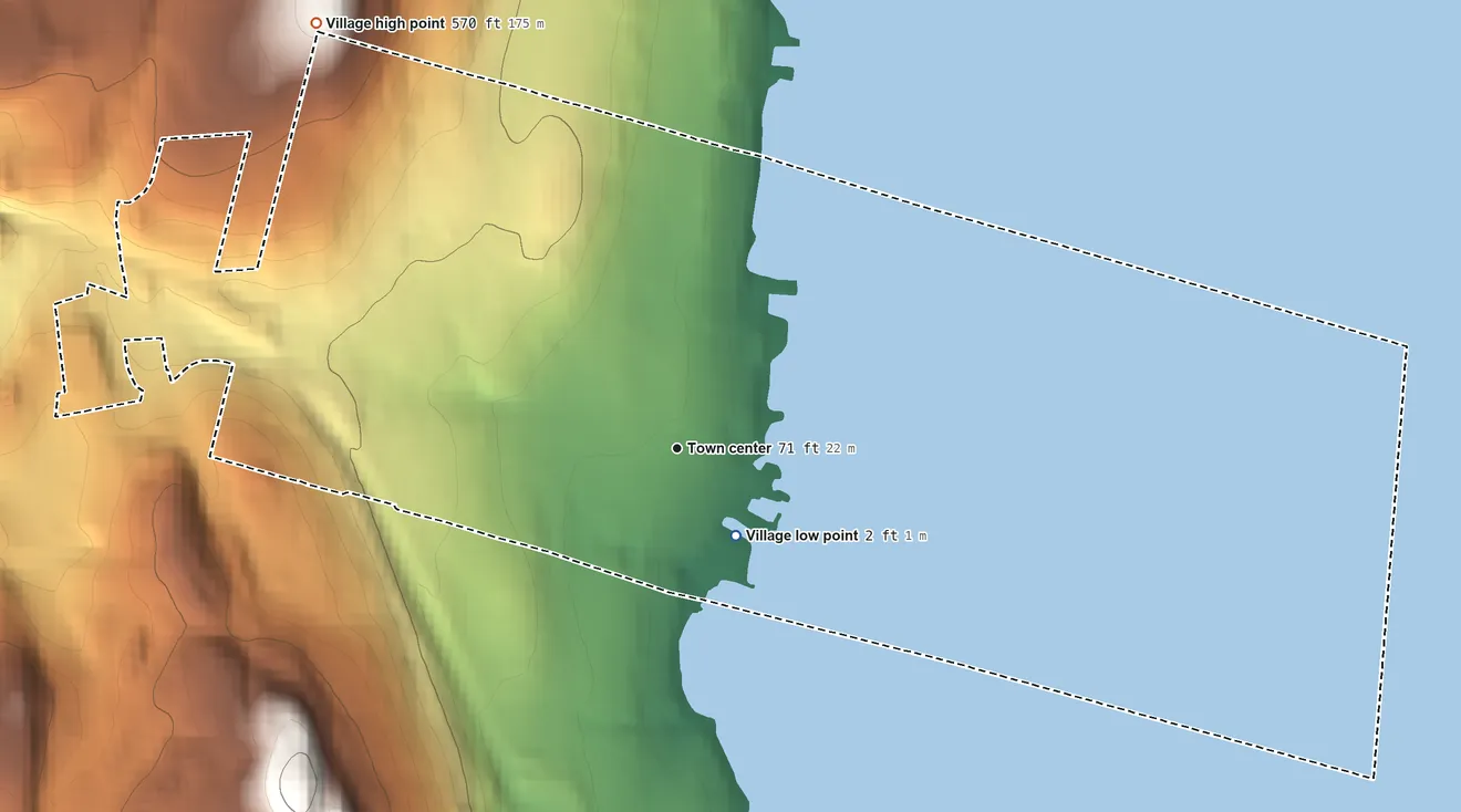Topographic elevation map of Nyack, New York, shaded from 2 ft near the middle to 570 ft on the northwest side