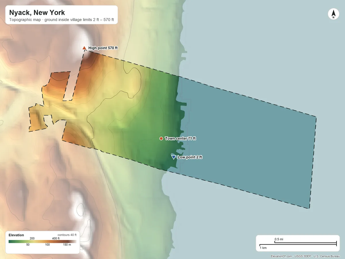 Topographic elevation map of Nyack, New York, shaded from 2 ft near the middle to 570 ft on the northwest side