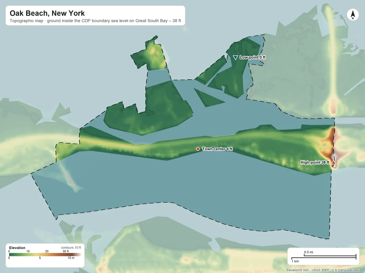 Topographic elevation map of Oak Beach, New York, shaded from sea level level on Great South Bay to 38 ft on the east side