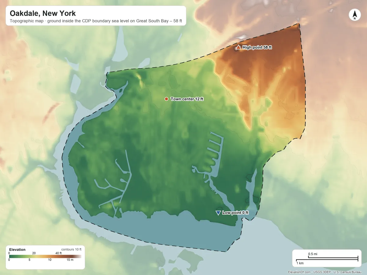 Topographic elevation map of Oakdale, New York, shaded from sea level level on Great South Bay to 58 ft on the northeast side