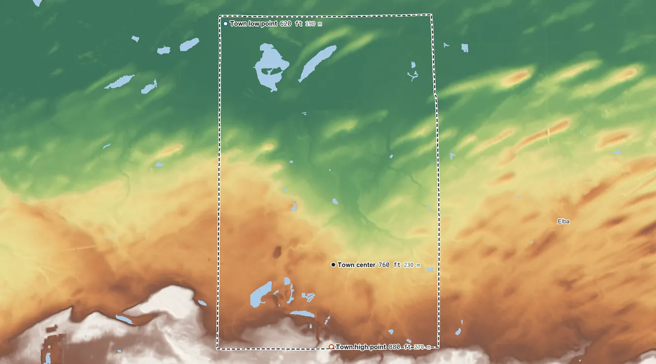 Topographic elevation map of Oakfield, New York, shaded from 620 ft on the northwest side to 880 ft on the south side