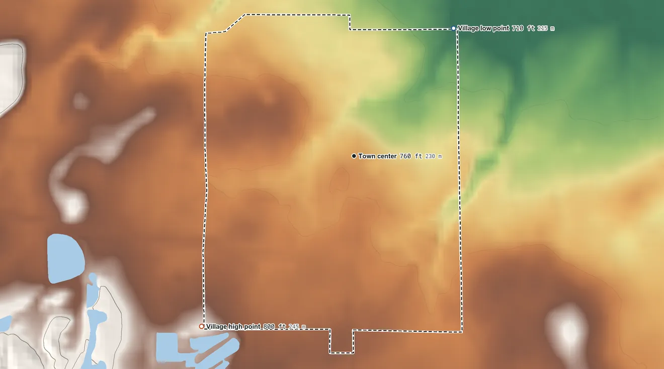 Topographic elevation map of Village of Oakfield, New York, shaded from 710 ft on the northeast side to 800 ft on the southwest side