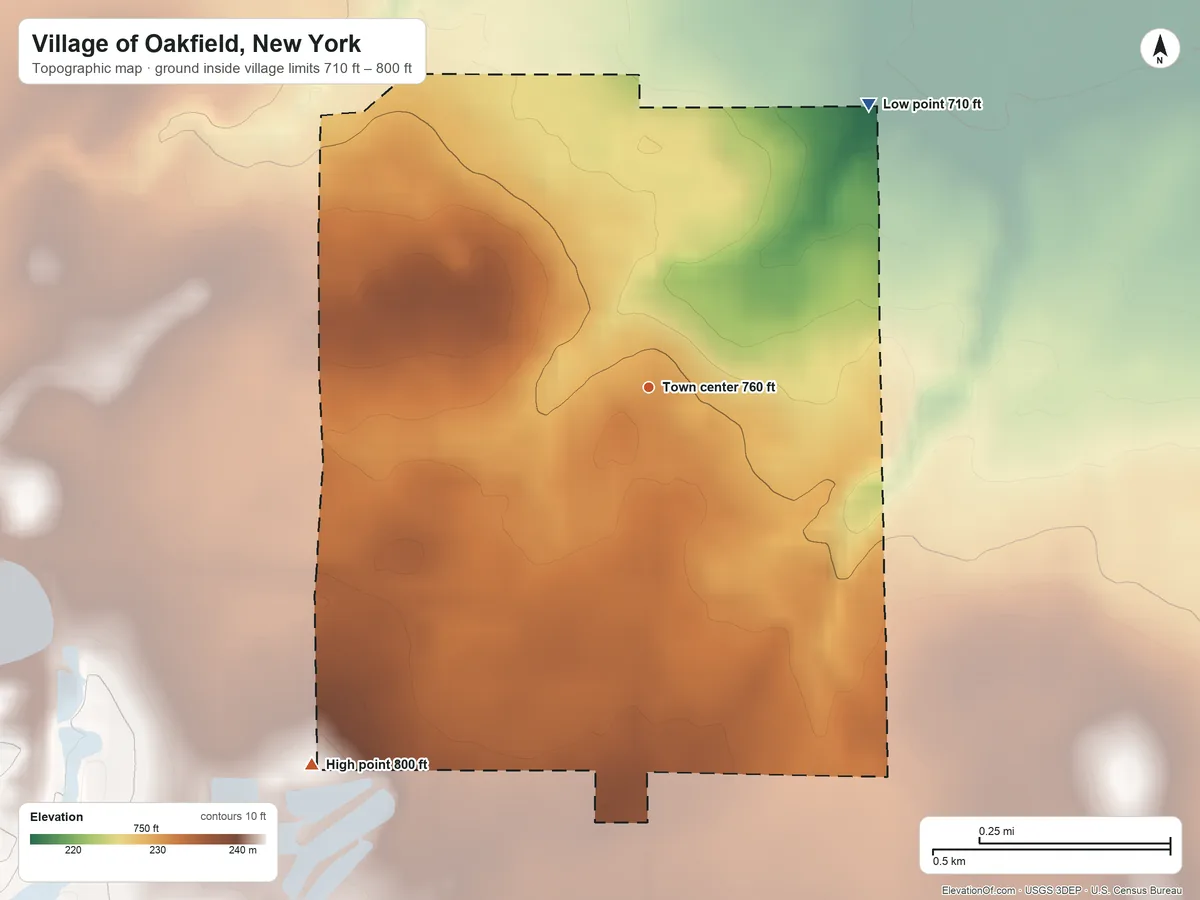 Topographic elevation map of Village of Oakfield, New York, shaded from 710 ft on the northeast side to 800 ft on the southwest side
