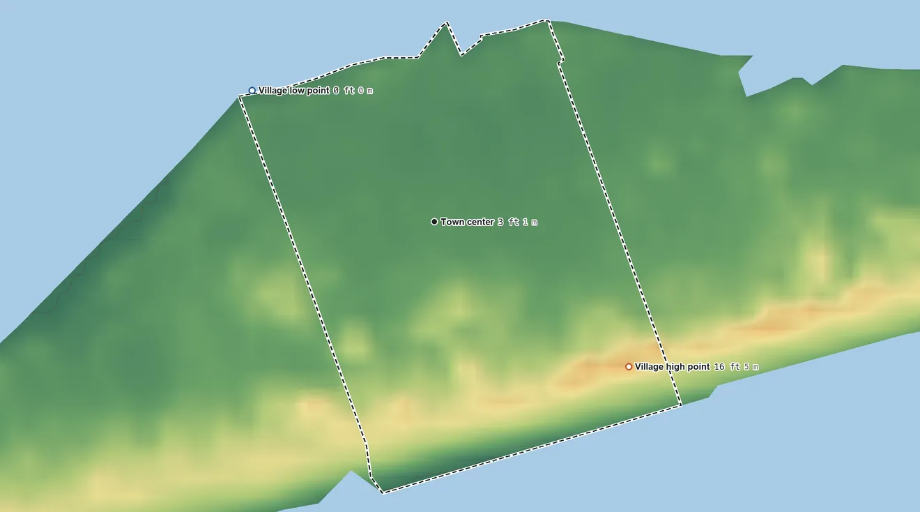 Topographic elevation map of Ocean Beach, New York, shaded from sea level level on Great South Bay to 16 ft on the southeast side