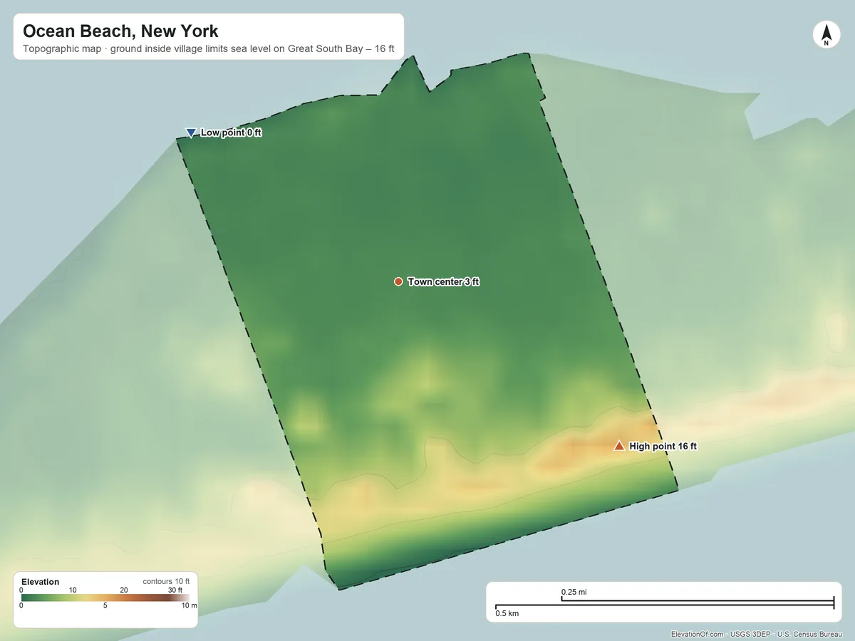 Topographic elevation map of Ocean Beach, New York, shaded from sea level level on Great South Bay to 16 ft on the southeast side