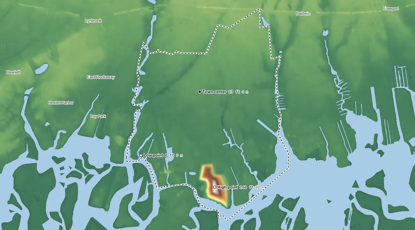 Topographic elevation map of Oceanside, New York, shaded from sea level level on Hewlett Bay to 140 ft on the south side