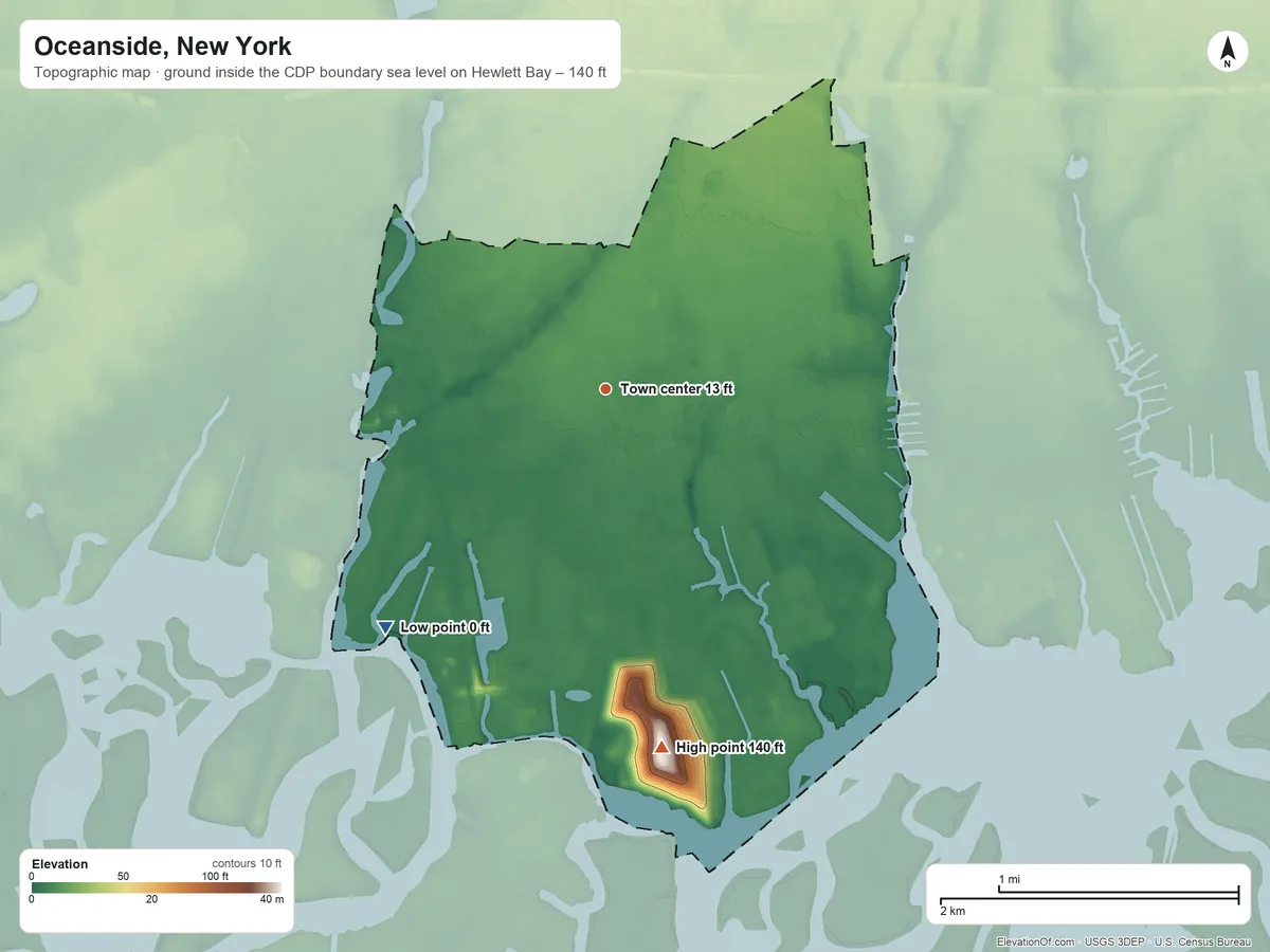 Topographic elevation map of Oceanside, New York, shaded from sea level level on Hewlett Bay to 140 ft on the south side