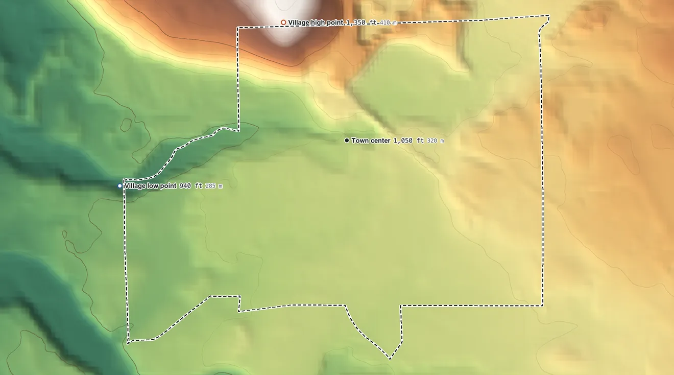 Topographic elevation map of Odessa, New York, shaded from 940 ft on the west side to 1,350 ft on the northwest edge, below higher ground just outside