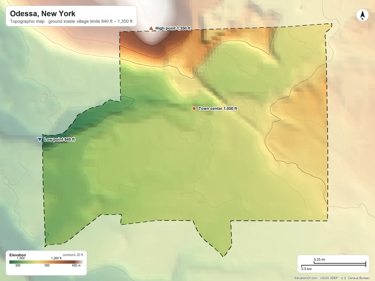 Topographic elevation map of Odessa, New York, shaded from 940 ft on the west side to 1,350 ft on the northwest edge, below higher ground just outside
