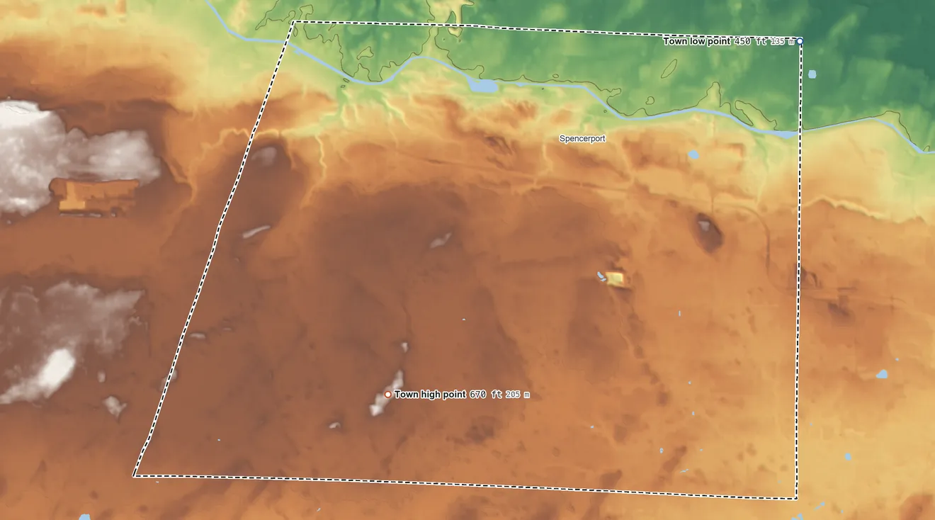 Topographic elevation map of Ogden, New York, shaded from 450 ft on the northeast side to 670 ft on the southwest side