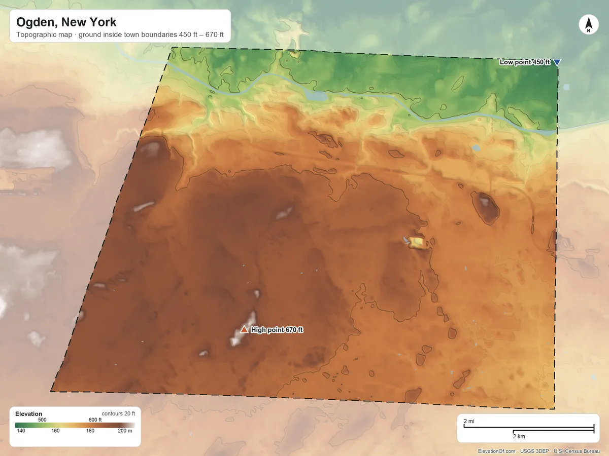 Topographic elevation map of Ogden, New York, shaded from 450 ft on the northeast side to 670 ft on the southwest side